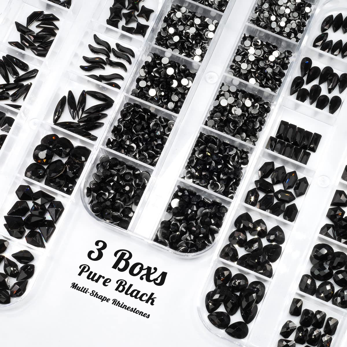 3 Boxes Jet Black Nail Rhinestones 240 Multi-Shapes Stones for Nails Big Gems K9 Glass Flatback Round Beads Diamonds Jewels Nail Art Charms for Face Eyes Makeup Crafts Tumblers Bottles Clothes