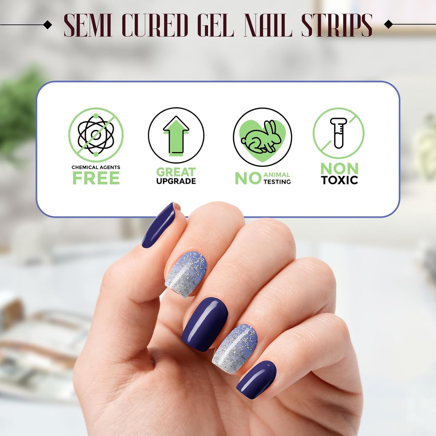 Gloss Nail Strips|Uv Free|22 Pcs,Gel Nail Stickers|Long Lasting Two Weeks and Easy to Apply&Remove|Dazzle Blue