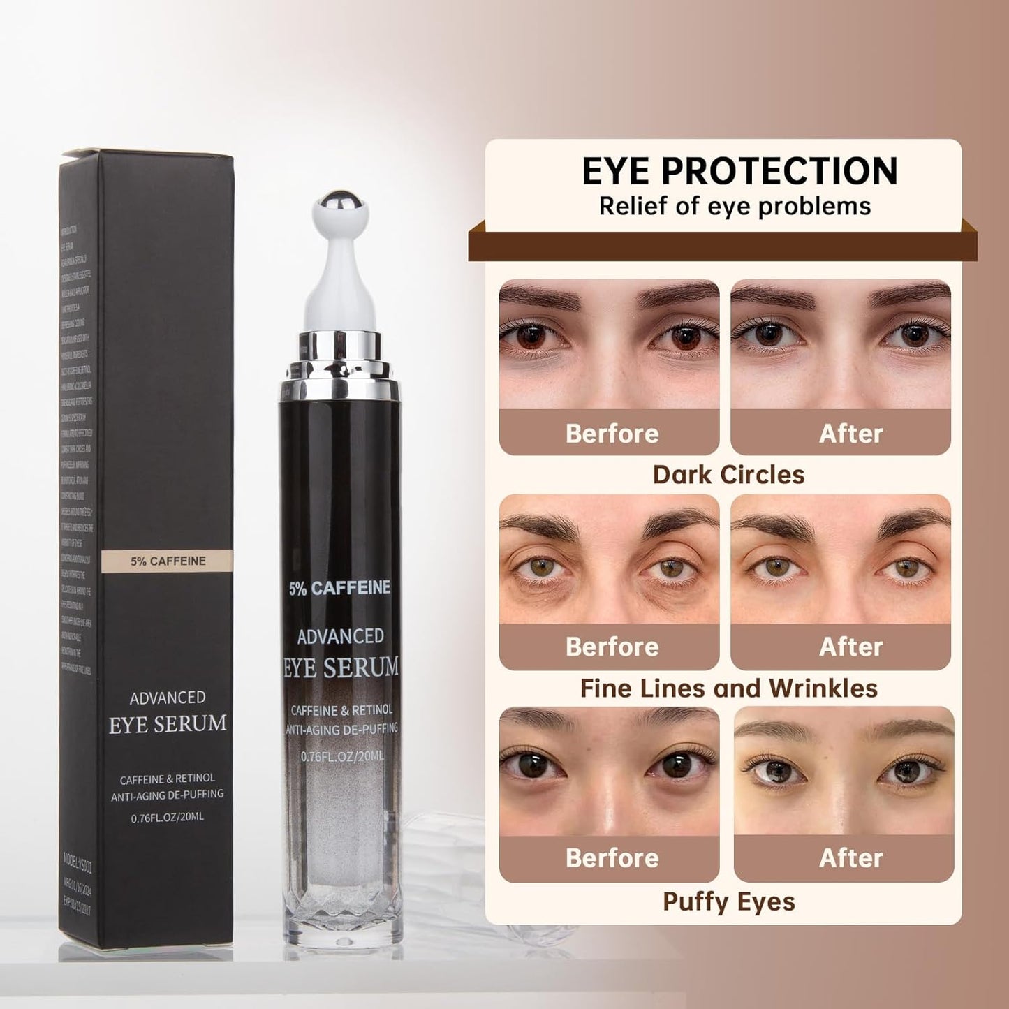 Caffeine 5% Eye Cream for Dark Circles, Under Eye Cream for Puffiness, Bags & Wrinkles, 1 PCS Anti Aging Eye Serum with Under Eye Roller, Reduces Fine Lines & Moisturize Skin.