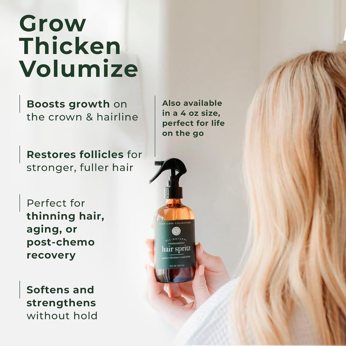 Rowe Casa Organics Natural Restorative Hair Spritz with Witch Hazel & Therapeutic Essential Oils, Hand-Crafted Hair Volumizer, Thickener, & Growth Booster, 4 Fl. Oz.