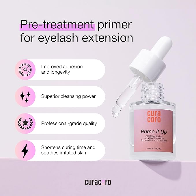 Curacoro Eyelash Extension Primer 15 ML - Increase Adhesive Bonding Power | Easily Removes Proteins and Oils/Oil Free/Longer Extension Retention (Prime It Up)