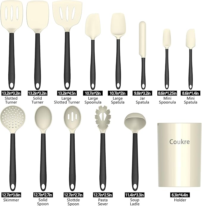 Coukre Silicone Kitchen Cooking Utensils Set with Holder – Heat-Resistant, Food-Grade Kitchen Tools, Spatula, Spoon & Gadgets for Non-Stick Pans, Dishwasher Safe (14, Beige)