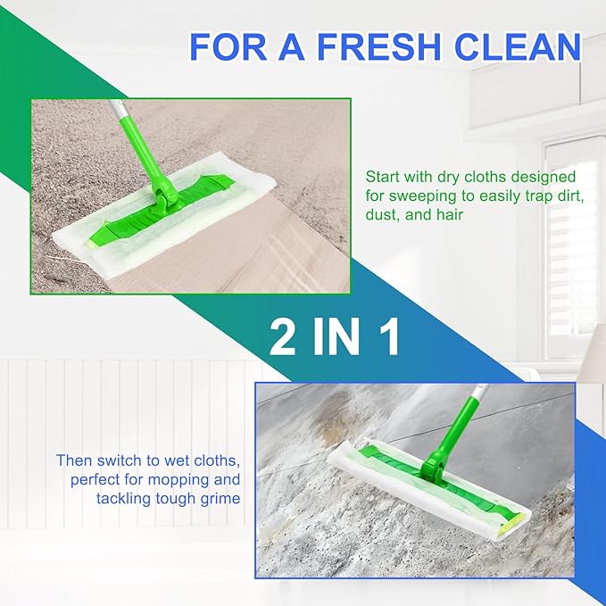 60 Count 2-in-1 Dry + Wet Mopping Cloths Kit for Swiffer Sweeper Mop, Disposable Mop Pads Refill Kit Includes 48 Dry Sweeping Cloths & 12 Wet Pads Refills for Multi-Surface Floor Cleaning