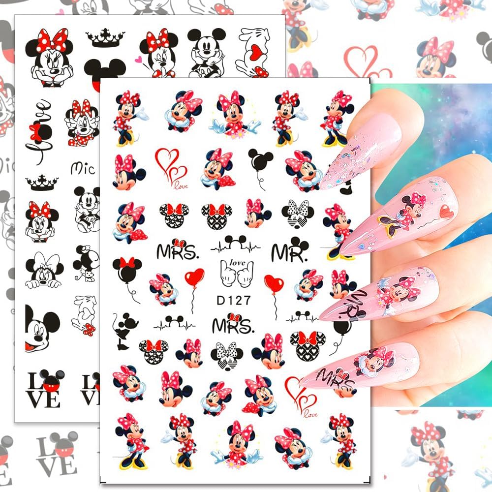 Valentines Nail Stickers Cute Cartoon Nail Art Stickers 3D Self Adhesive Nail Design Sticker Supply Valentines Day Romantic Love Heart Rose Cartoon Mouse Nail Decals for Women Girls DIY Manicure