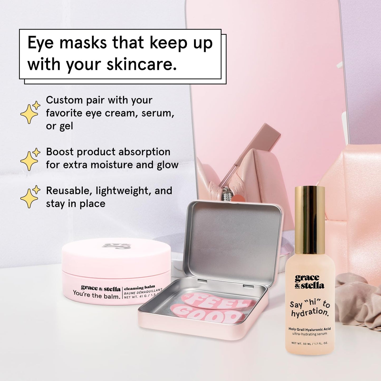 grace & stella Reusable Eye Patches (1 Pair) - Silicone Reusable Under Eye Patches for Dark Circles - Up to 1 Year of Daily Use, With Tin Case - Puffy Eyes Treatment for Women - Vegan Cruelty Free