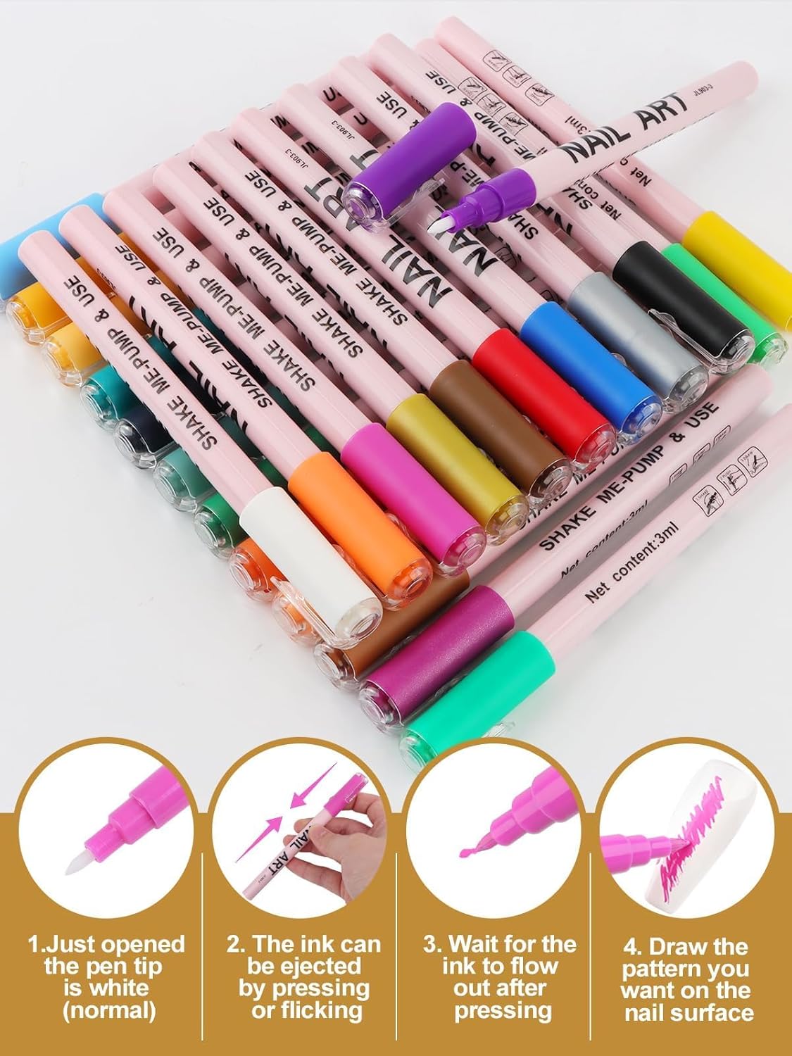 EBANKU 24 Colors Waterborne acrylic ink Nail Art Pens Set, 0.7MM Nail Polish Pens Quick-Drying Acrylic Paint Pen Point Dotting Liner Pen Nail Drawing Painting Manicure Tools for 3D Salon Home Nail DIY