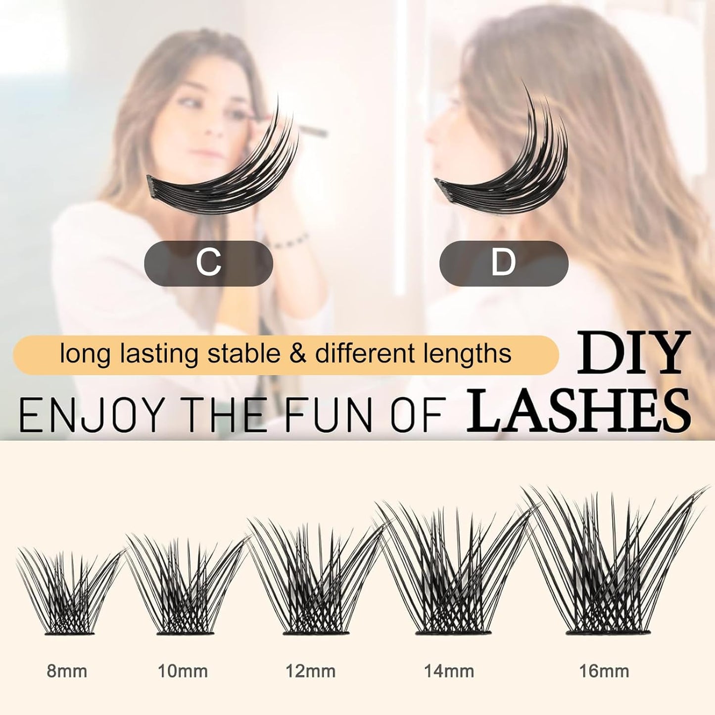 QUEWEL Cluster Lashes 72 Pcs Wide Stem Individual Lashes C/D Curl 8-16mm Length DIY Eyelash Extension False Eyelashes Soft for Personal Makeup Use at Home (H03-C-14)