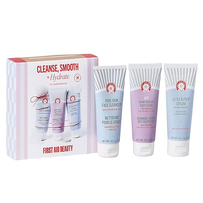 First Aid Beauty Cleanse, Smooth + Hydrate Kit - Skin Care Gift Set with Travel Size Facial Cleanser, KP Body Scrub & Ultra Repair Cream - Travel Friendly Skincare Set