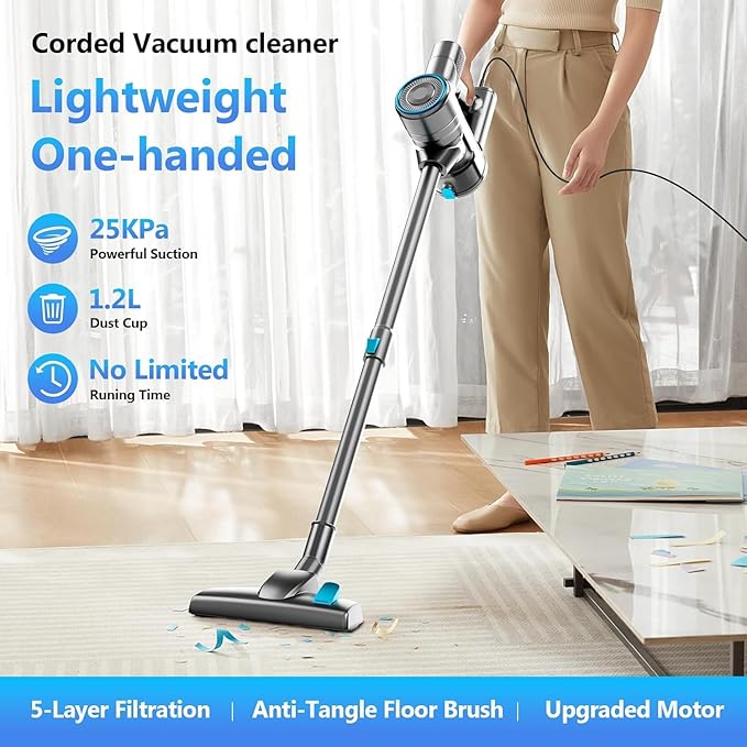 Corded Stick Vacuum Cleaner, 25Kpa Powerful Stick Vacuum, 2 in 1 Vacuum Cleaners,1.2 L Dust Cup, Corded Handheld Vacuum Pet for Hair, Short-Pile Carpet, Hardfloor (Blue)