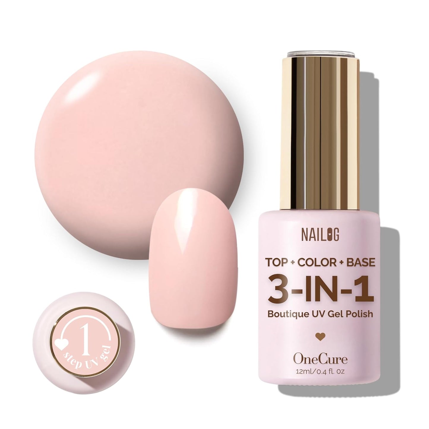 NAILOG One Step Light Pink Gel Nail Polish 12ml Top Coat Color Gel Base 3-In-1 Formula Soak Off UV Gel Polish for Home DIY & Gifting | Light Peach Pink