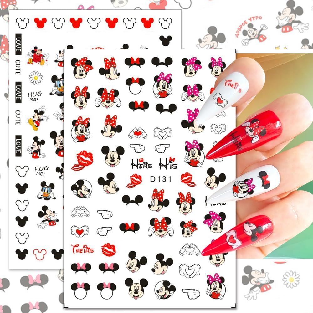 Valentines Nail Stickers Cute Cartoon Nail Art Stickers 3D Self Adhesive Nail Design Sticker Supply Valentines Day Romantic Love Heart Rose Cartoon Mouse Nail Decals for Women Girls DIY Manicure
