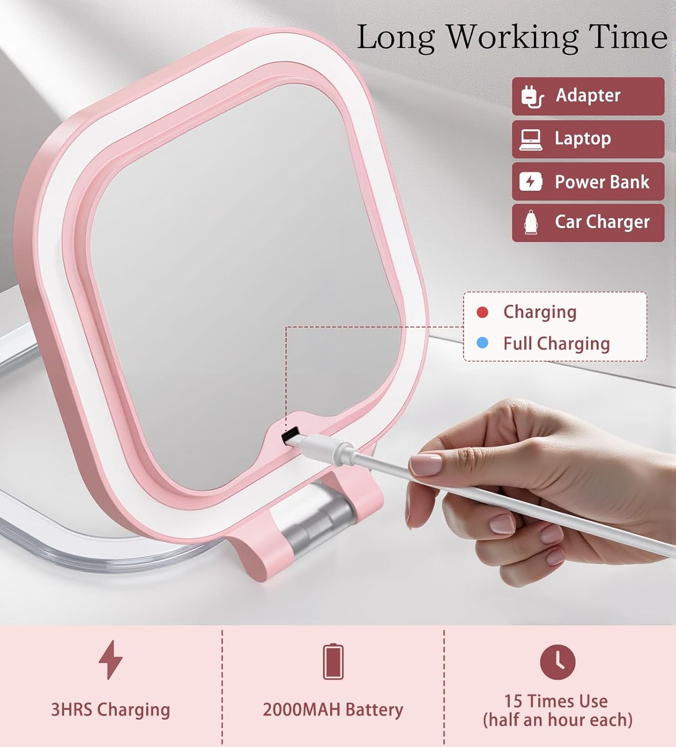 Shinowa Rechargeable Travel Makeup Mirror with 72 LED Lights, 1X/10X Magnifying Vanity Mirror with 3 Color Light, Folding Stand, 7 Inch Portable Dimmable Double Sided Compact Lighted Mirror, Pink