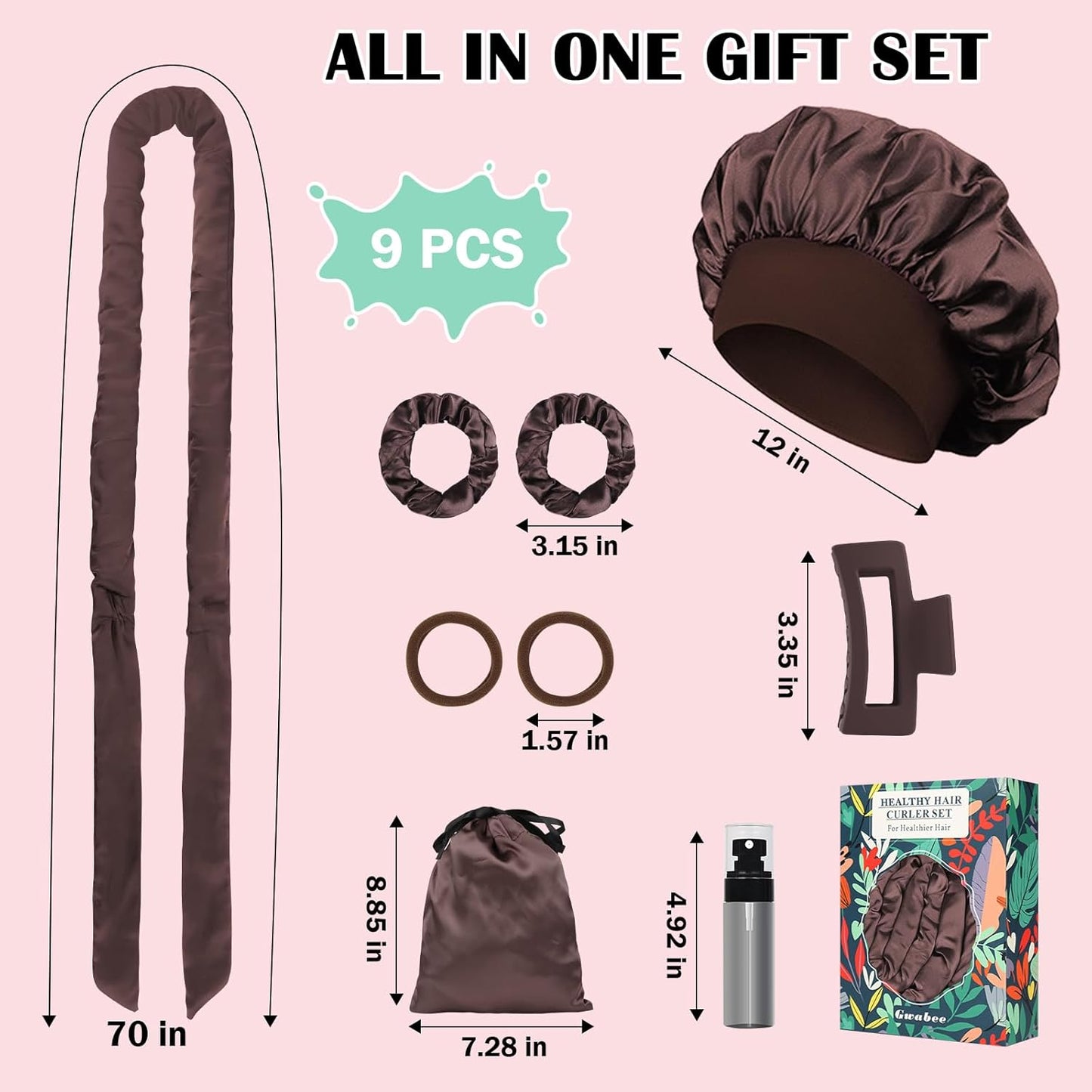 Satin Heatless Curls Overnight Hair Curlers to Sleep In Hair Curler Rollers No Heat Hair Wrap for Curls Headband, 70" Satin Heatless Curling Rod Set for Women Long Waves Hair Volume -Brown 9PCS