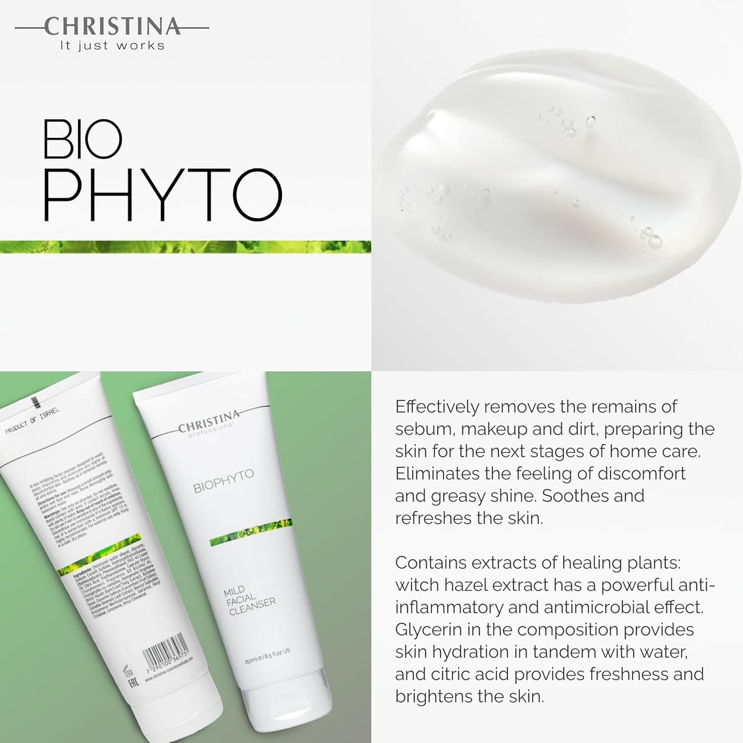 -CHRISTINA- Biophyto Mild Facial Cleanser with Green Tea and Cucumber Extracts - 250 ml - Soapless Gentle Face Wash and Daily Facial Cleanser for All Skin Types