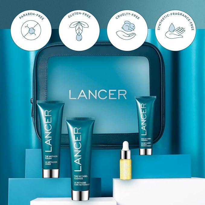 Lancer Skincare The Method Intro Kit, 3-Step Anti-Aging Facial Exfoliator, Cleanser, and Moisturizer Kit for Glowing Skin, Reveals Healthy-Looking Glowing Skin