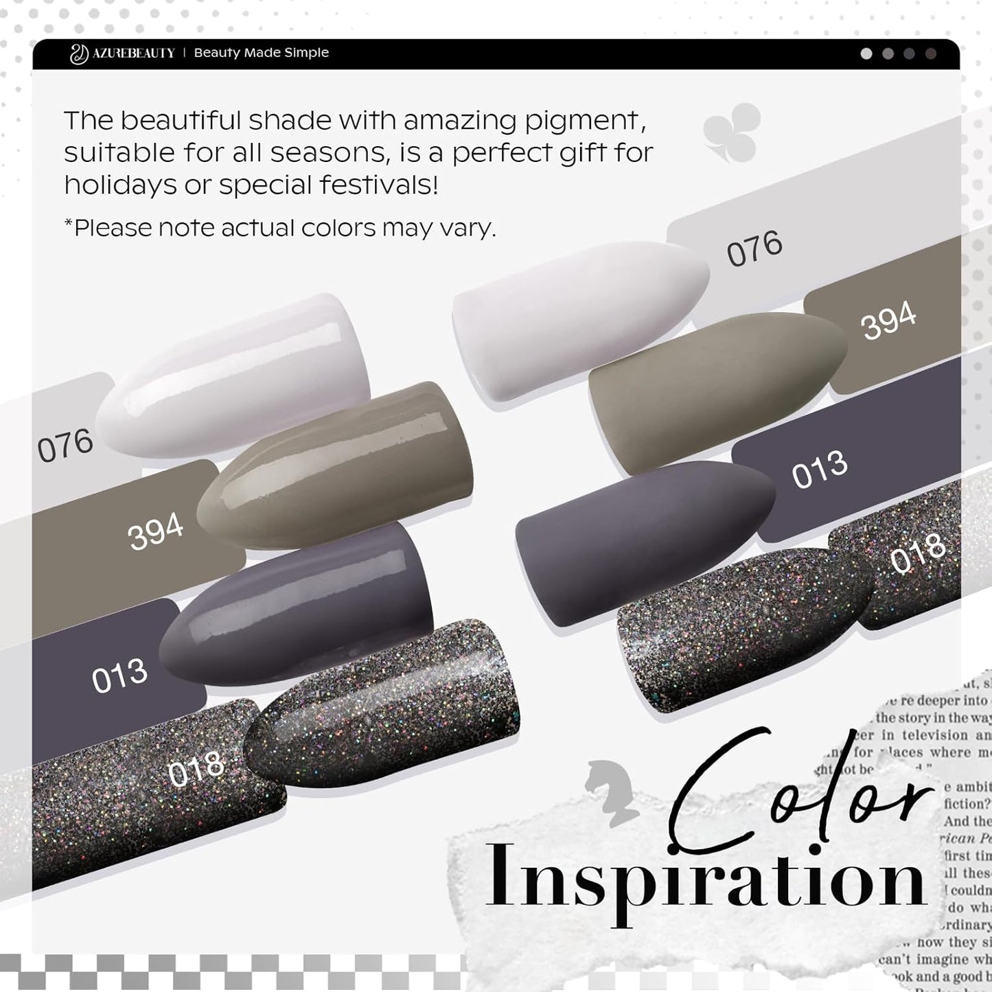 AZUREBEAUTY Dip Powder Nail Kit Starter, Light & Dark Grey Black Glitter Sparkle, 4 Colors Dipping Powder Set All Seasons, French Nail Art Base Top Coat Activator Liquid Manicure DIY Salon 12 PCS