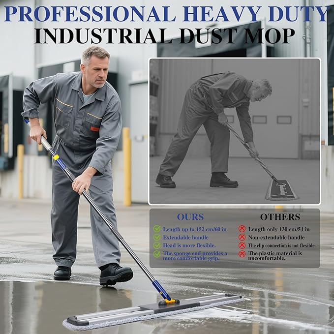 36" Commercial Mop for Floor Cleaning, Masthome Heavy Duty Industrial Mop with 3 Pads, Professional Microfiber Mops with 60'' Long Handle,Large Dust Mops for Office Garage Warehouse Factory Mall(Blue)