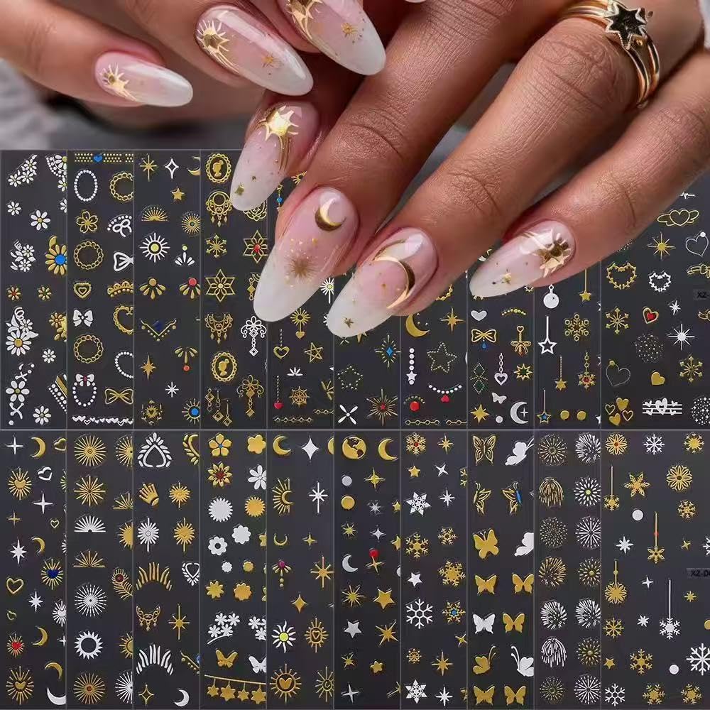 20 Sheets Gold Nail Stickers Star Moon Nail Art Stickers 3D Embossed Self Adhesive Nail Decals Flower Butterfly Heart Nails Design Nail Art Decals for Women Manicure DIY Decoration