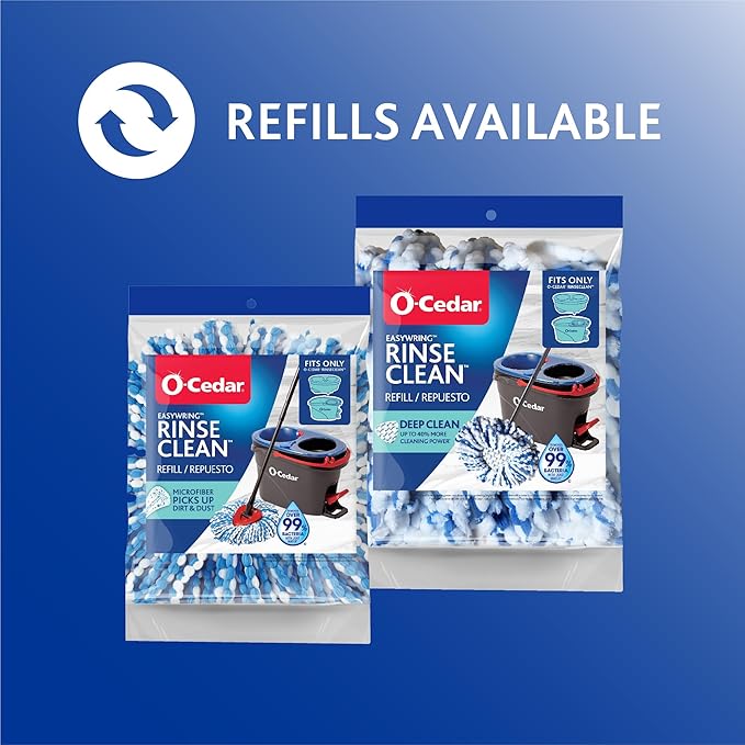 O-Cedar RinseClean Spin Mop & Bucket System + 2 Extra Mop Heads| Clean with Clean Water | Removes 99% of Bacteria