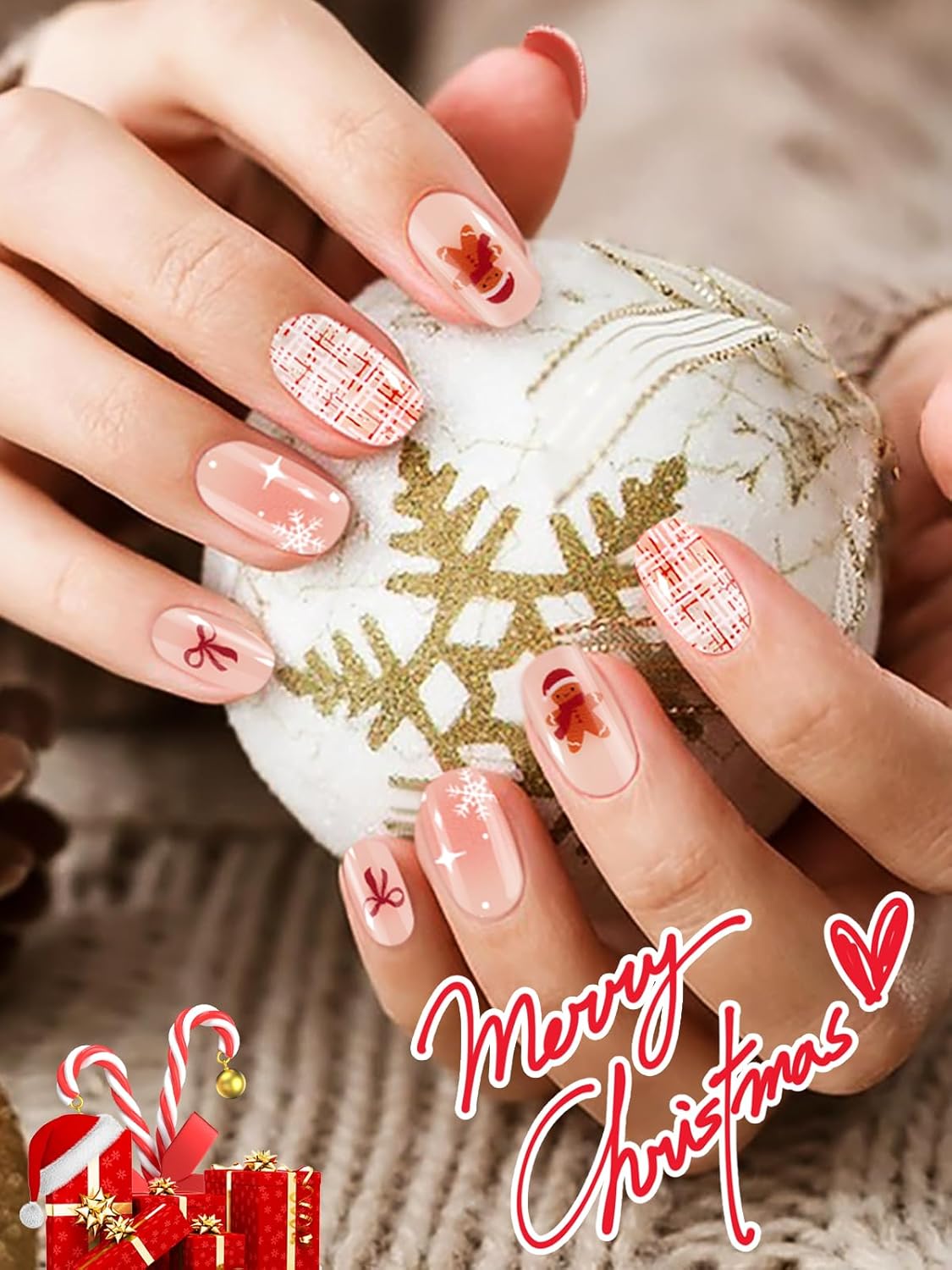 EBANKU 24PCS Christmas Semi-Cured Gel Nail Strips, Bow Tie Adhesive Nail Art Sticker, Waterproof Wrap Stickers With Nail File and Stick