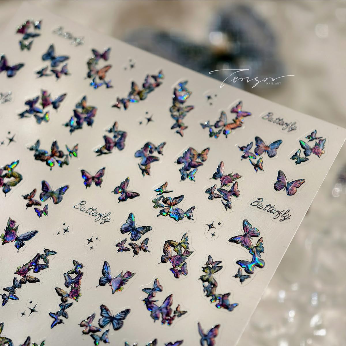 Butterfly Nail Art Stickers Holographic Nails Decals 5D Embossed Nail Sticker for Nails Art Dark Nail Stickers with Design for Women Girls Kid Manicure Supply Decoration Accessories