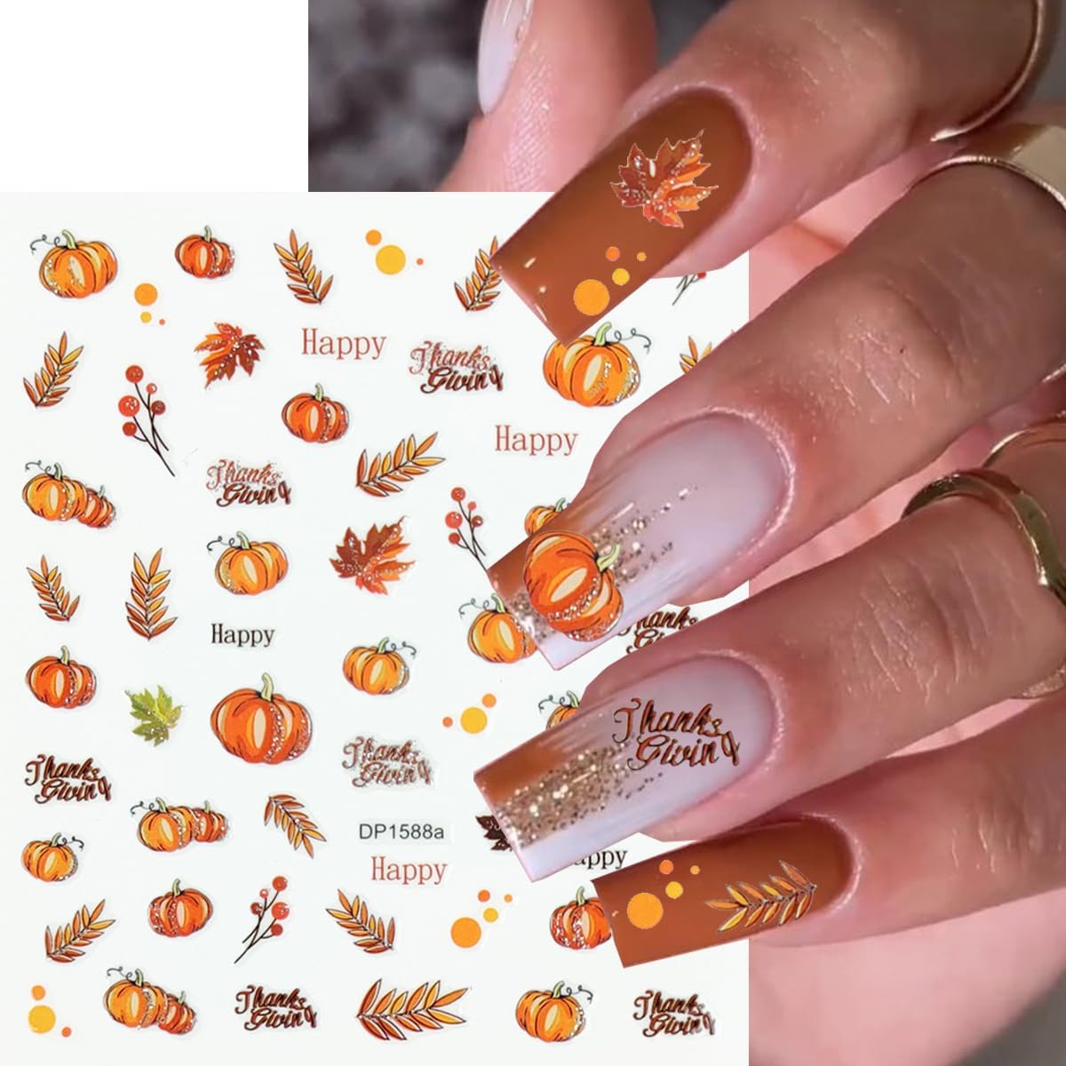 Autumn Nail Stickers Pumpkin Nail Art Stickers Fruit Nail Decals Fallen Leaves Maple Leaf Pear Grapes Hat Design Orange Thanksgiving Sticker for Nails DIY Manicure Decoration for Women 6 Sheet