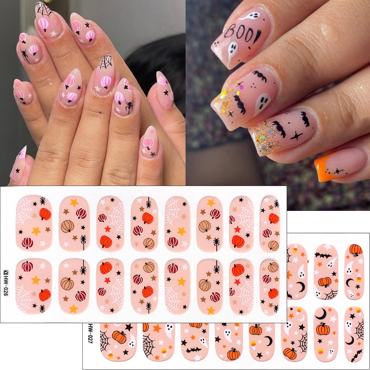 Halloween Ghost Gel Nail Strips - Cute Pumpkin Polish With Orange Black Spider Web, Star Moon Design - Full Wrap Stickers for Women Girl Nail Supplies 4Pcs
