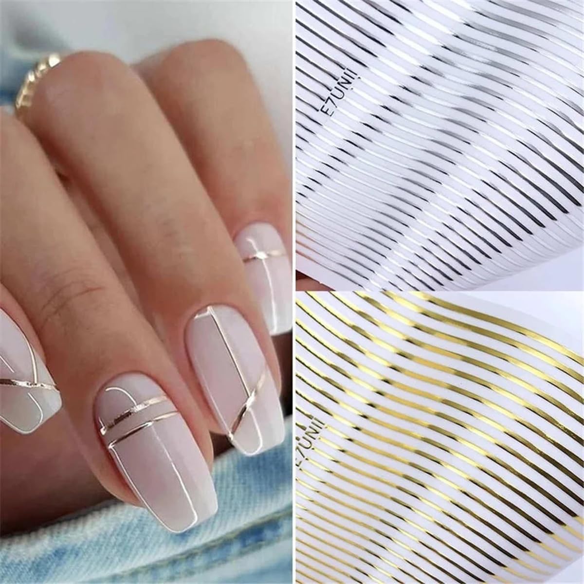 Gold Silver Lines Stripe Nail Art Sticker Decals 3D Metal Strip French Design Nail Decals Self-Adhesive Nail Art Supplies Colored Geometric Waved Manicure Slider for Women DIY Nail Art Decoration Kits