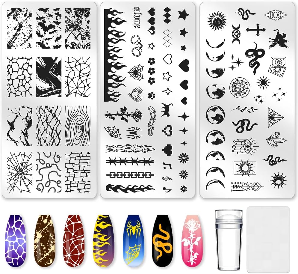 3Pcs Punk Nail Stamping Plate Set Snake Heart Nail Stamping Templates French Line Tip Nail Plates Flames Star Stainless Steel DIY Reusable Tools with Stamper Scraper for Manicure Printing