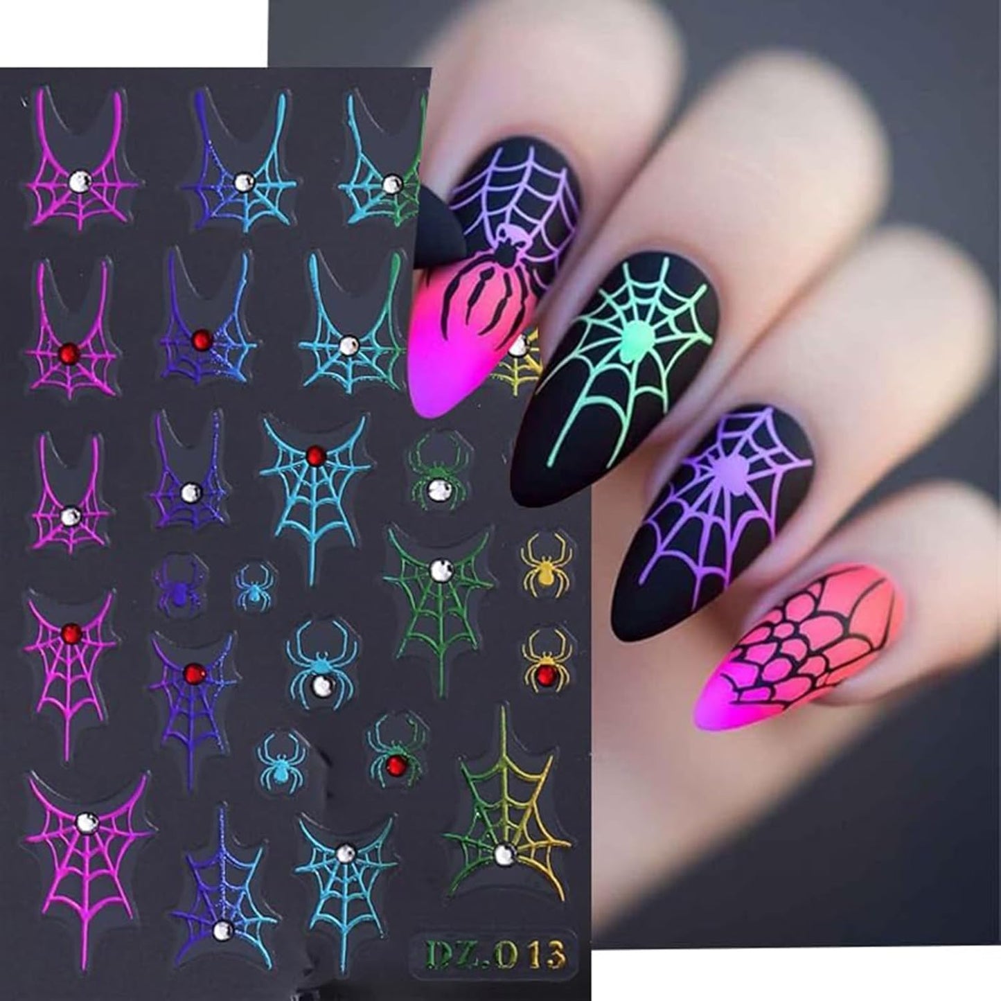 4PCS Halloween Nail Art Stickers Decals Colorful Spider Web Spider Nail Decals with Rhinestone Spider Web Spider Bow Heart Nail Art Design Cute Halloween Nail Supplies for Women Manicure Decorations