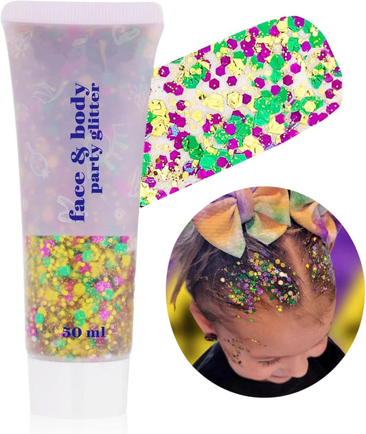 Go Ho Face Body Glitter Gel,Mardi Gras Outfit for Women and Kids,Sparkly Holographic Party Festival Rave Mardi Gras Accessories for Carnival,Gold Green Purple Chunky Glitter Makeup,52g