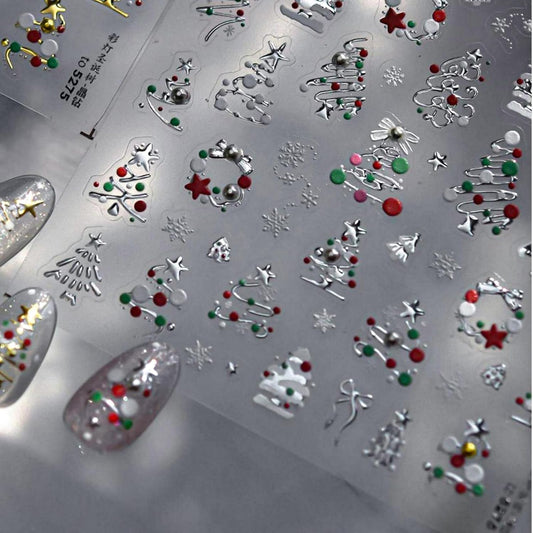 Christmas Nail Stickers Xmas Tree Nail Art Stickers Silver Nail Decals for Nails Art 5D Embossed Self Adhesive Snowflake Nails Art Decals for Women Girls Manicure DIY Decoration Charms Accessories