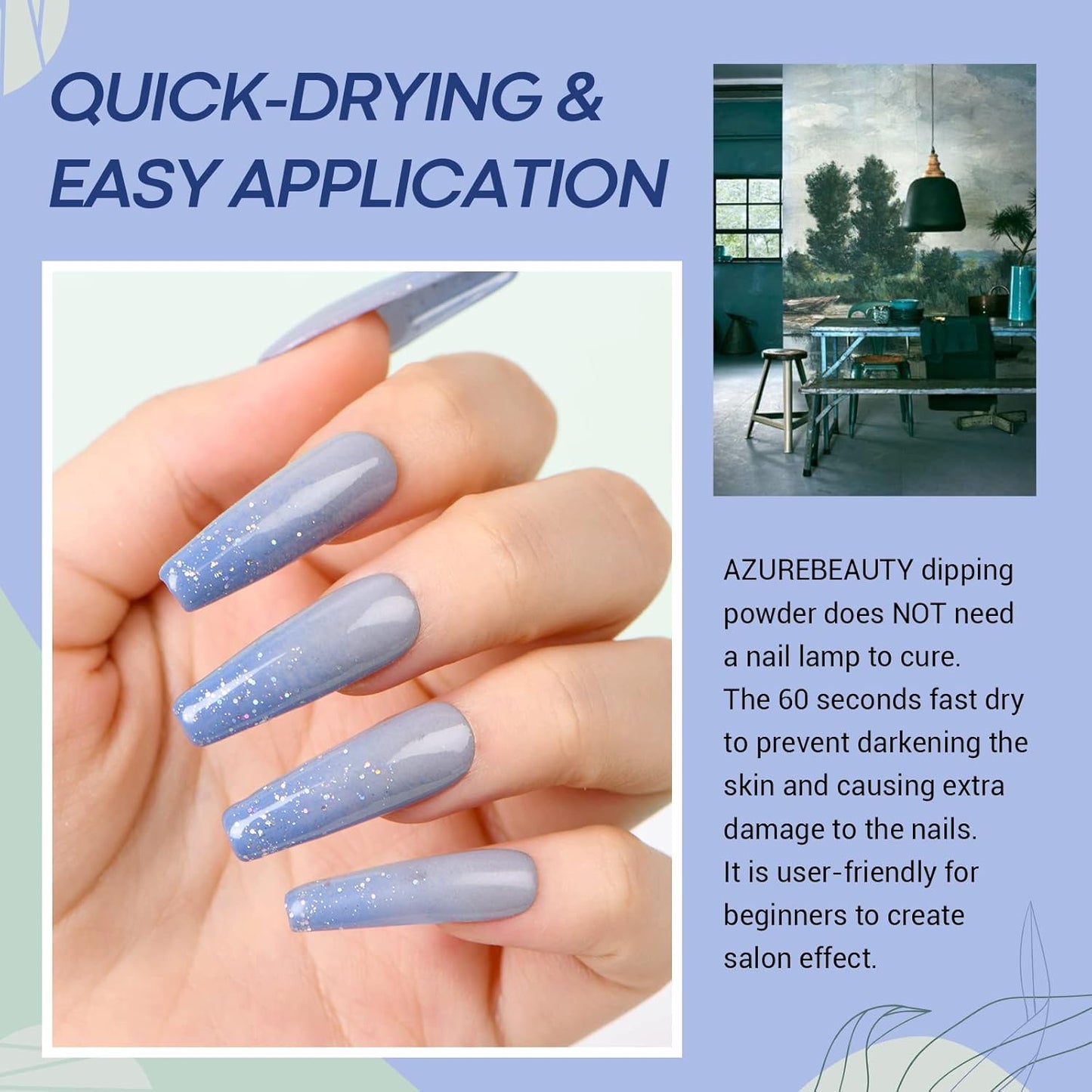 AZUREBEAUTY Dip Powder Nail Set Blue Sage Green Grey Shades, 6 Dark Colors Dipping Powder Starter Kit French Nail Art Manicure DIY Salon for Women, No Need Nail Lamp Cured