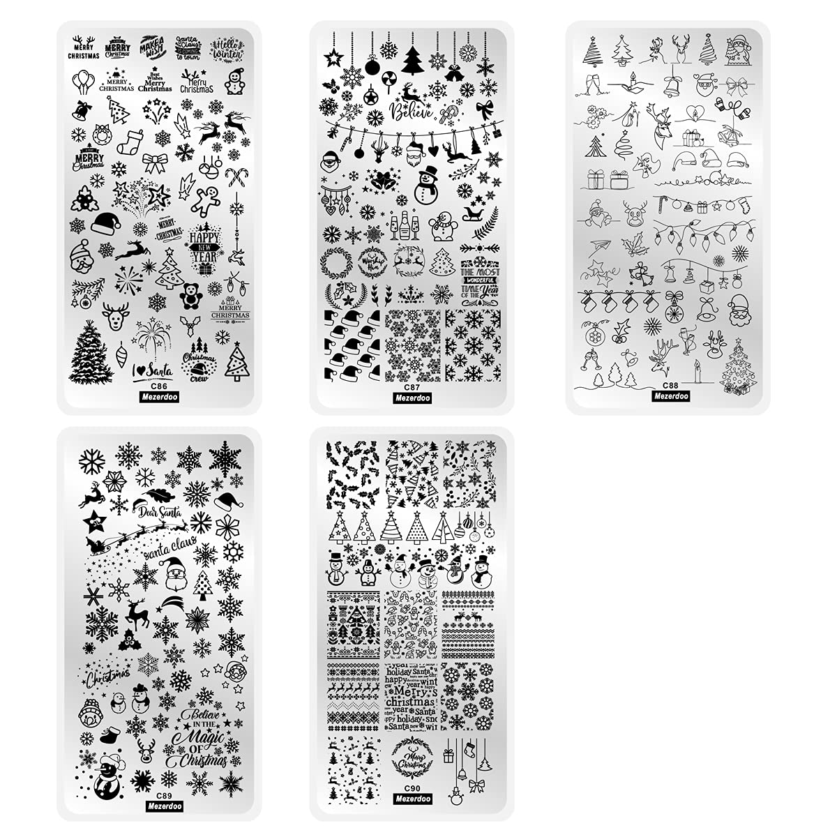5Pcs Snowflake Nail Stamping Plates - Christmas Theme Santa Reindeer Tree Bell Snowman Winter Image Nail Art Design Stamp Kit Manicure Template Mold New Year Stencils Painting Tool
