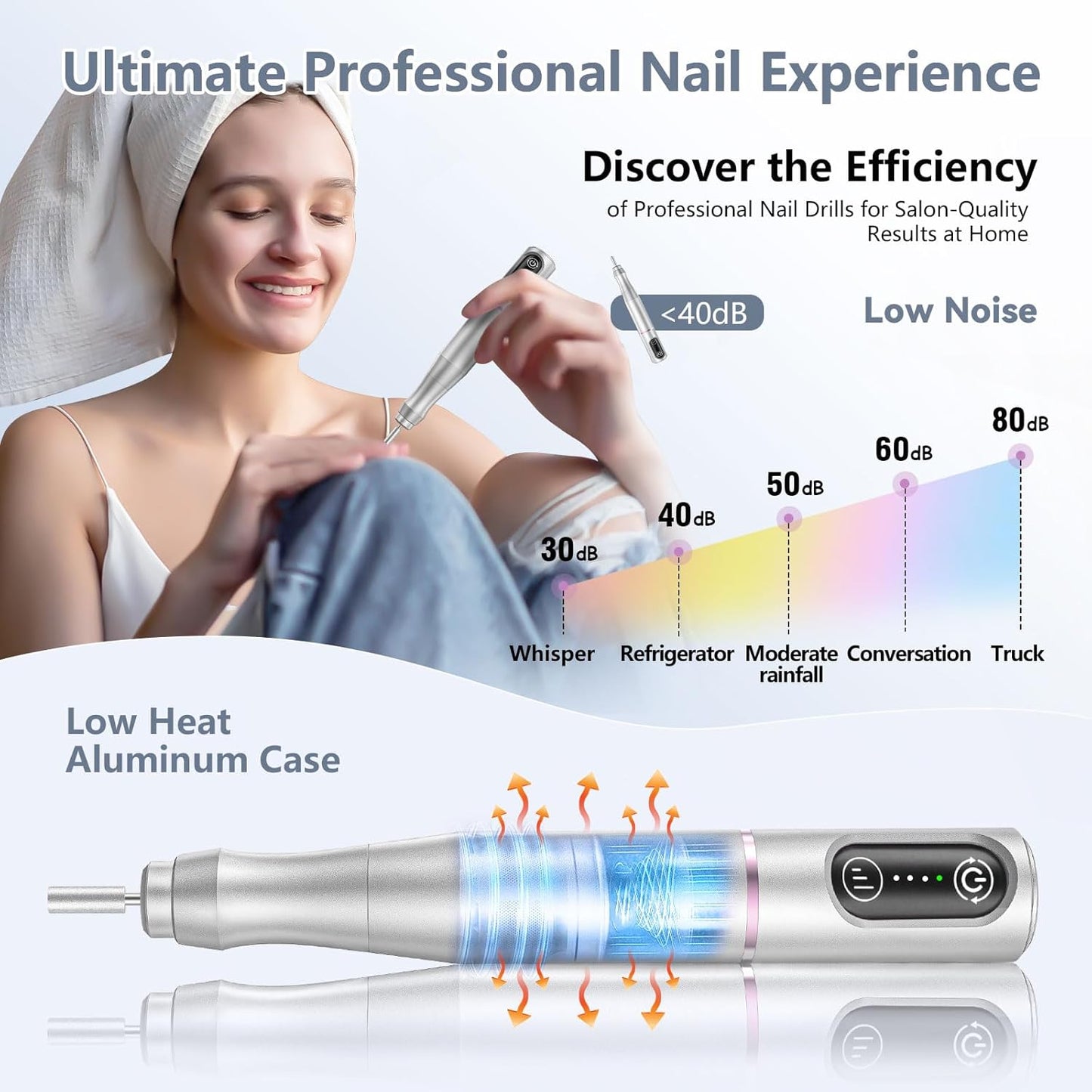 Cordless Nail Drill Electric Rechargeable File Kit, Professional Efile Acrylic Gel Nail Polish Remover Pedicure Manicure Machine Portable Set with 11 Bits 56 Sanding Bands for Salon (Silver)