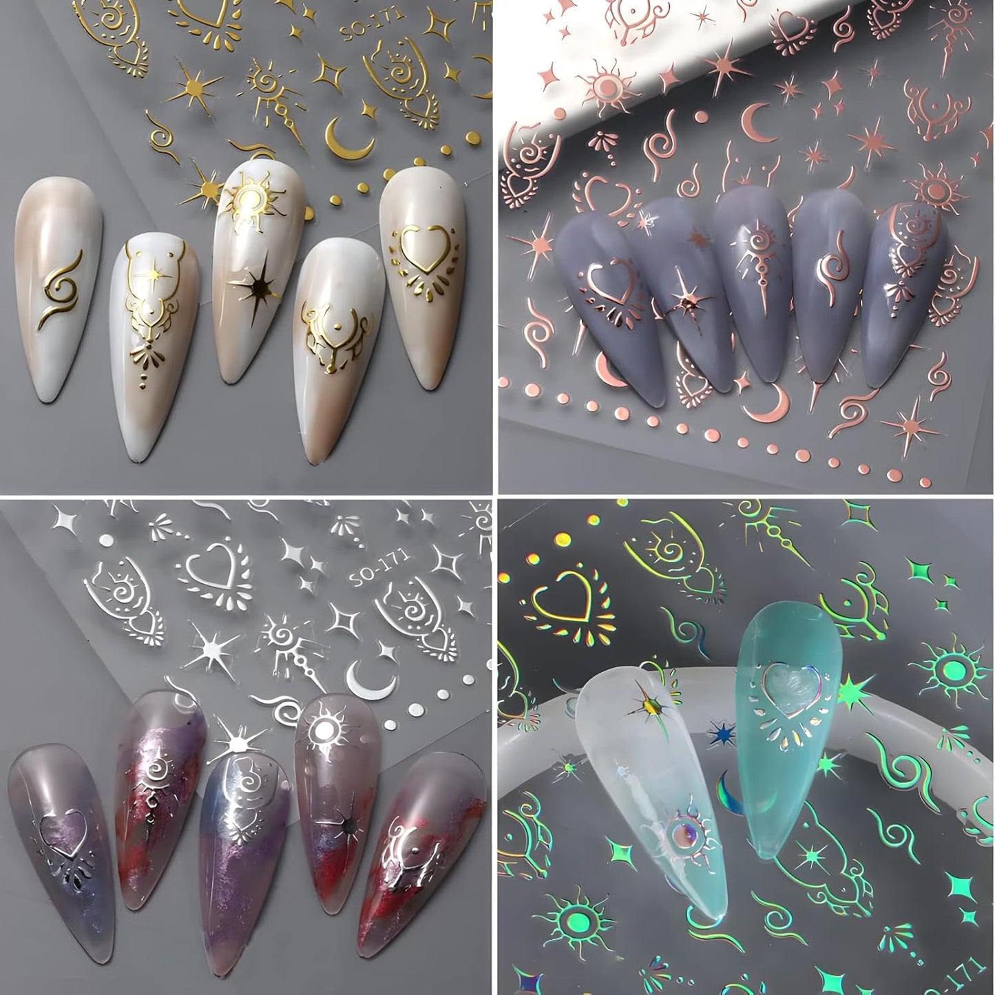 12 Sheets Star Nail Stickers for Nail Art Gold Moon Star Nail Art Stickers Decals 3D Self Adhesive Aurora Nail Decals Silver Star Nail Art Design Decoration Accessories for Women, Style 3