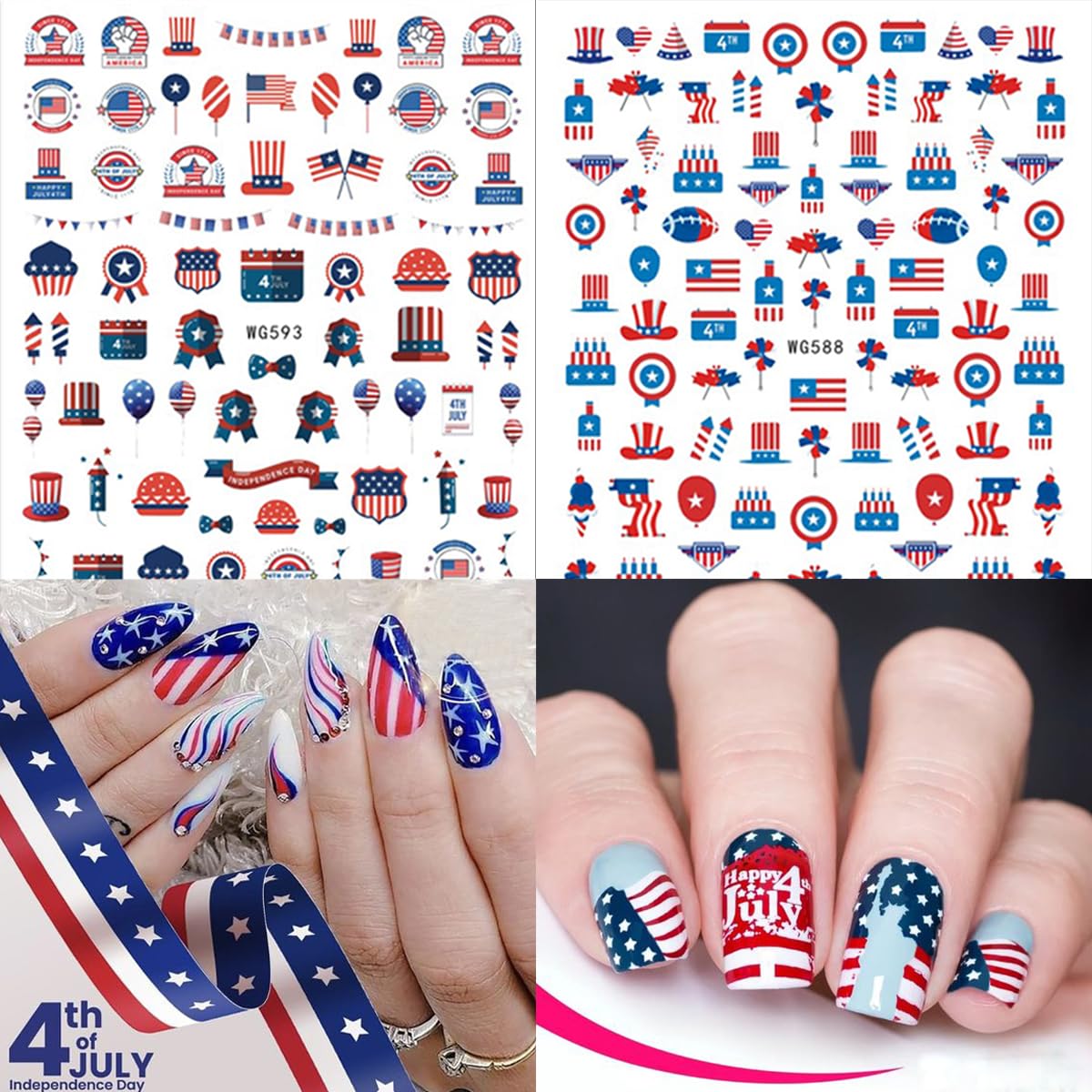 4th of July Nail Stickers, 8 Sheets American Flag Independence Day Nail Art Stickers 3D Self-Adhesive Stars Fireworks Heart Nail Design Stickers Patriotic Holiday Nail Decals for Nail Art Decoration