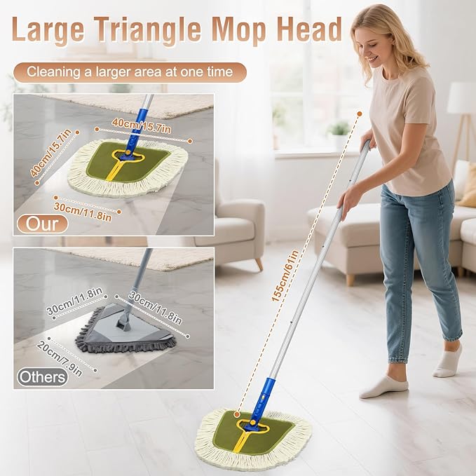 Commercial Dust Mop for Hardwood Floors, Industrial Dry Mops with Replacement Wedge Cotton Mop Pads for Wall Cleaner ,Hardwood, Tile, Laminate, Vinyl,Walls, Home,Warehouse Duster, Green
