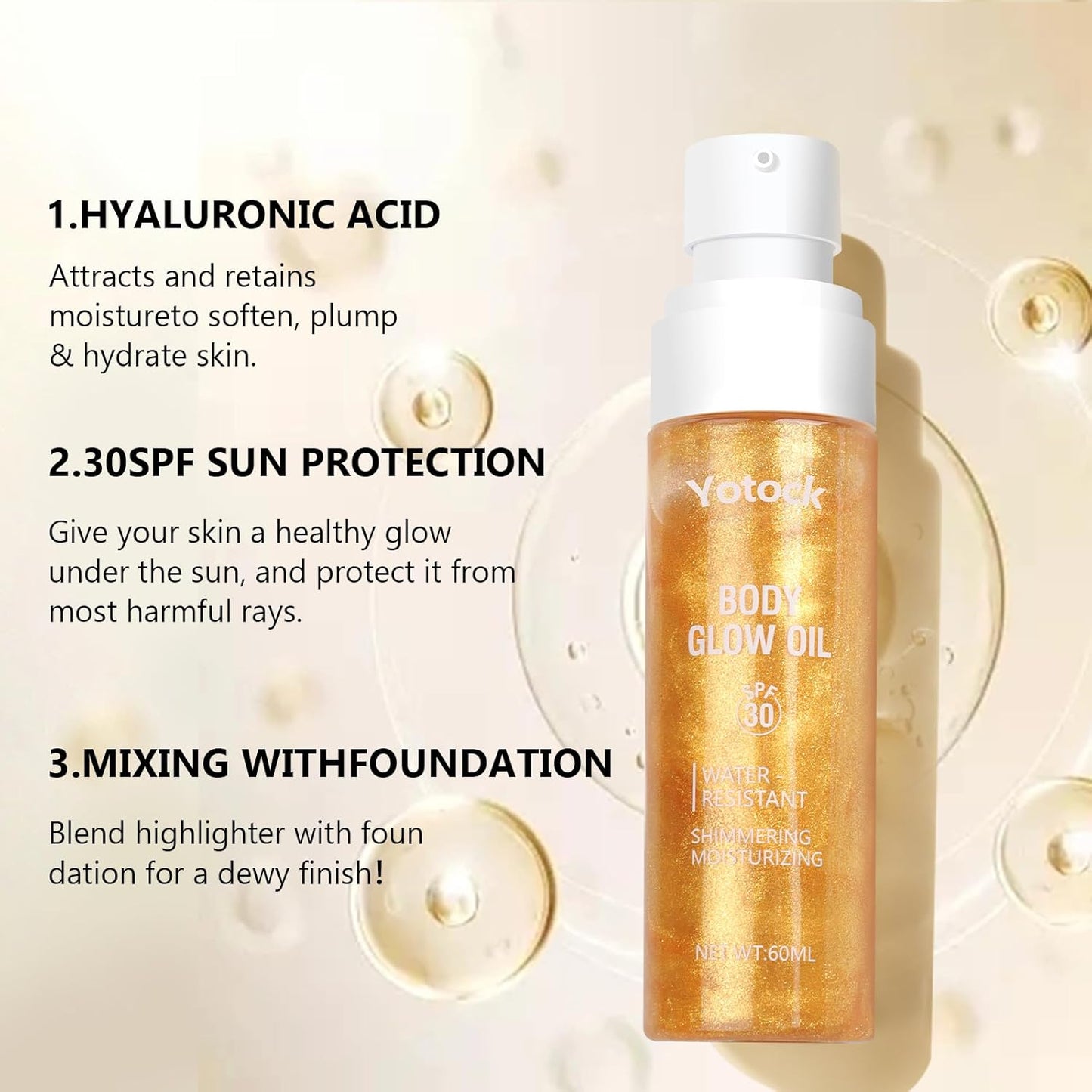 Body Glow Oil, SPF30 Moisturizing Body Oil Shimmer Gold Mica Sunscreen,Coconut Glitter Body Oils for Women Nourishes Dry Skin, Lightweight, Moisturizer and Water Resistant 3.38 fl oz