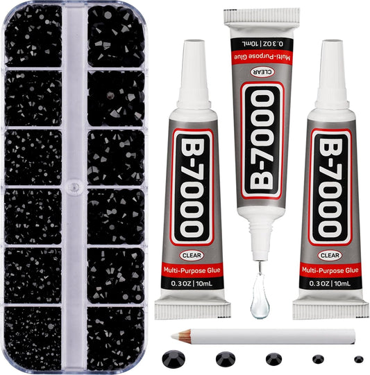 6000Pcs Black Rhinestones for Crafting Bedazzling with b 7000 Jewelry Glue, Resin Flatback Crystal Diamond for Crafts Clothing Clothes Project Dress, Flat Back Bedazzler Half Gems Multiple Sizes