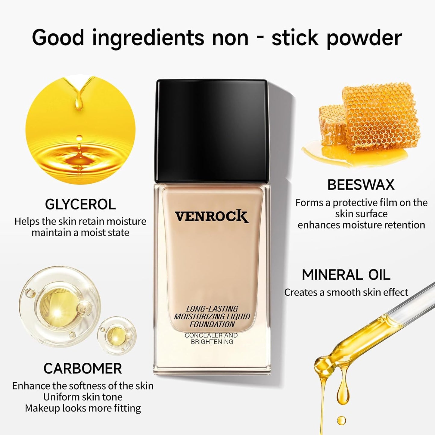 VENROCK 24HR Long-Lasting Moisturizing Liquid Foundation | Radiant, Waterproof, Concealing & Oil-Control (02# Beige, 30ml)