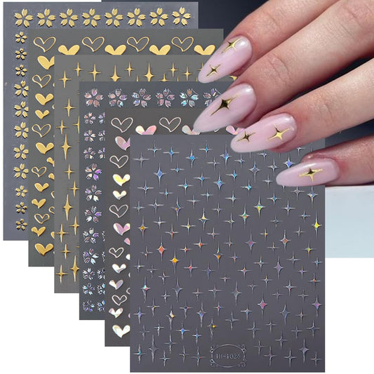 Heart Flowers & Star Nail Stickers, Laser Silver & Gold Star Nail Decals - 3D, Self-Adhesive, DIY Nail Art Designs for Women