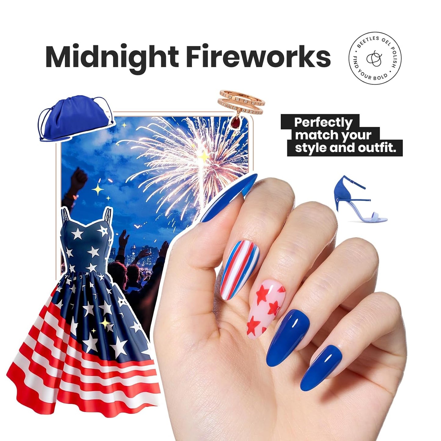 Beetles 4th of July Nail Polish Set - 6 Colors White Red Blue Nail Polish Kit Sparkle Glitter Fingernail, Quick Dry & Long Lasting Beetles Midnight Fireworks Diy Nail Art Design Gifts for Women