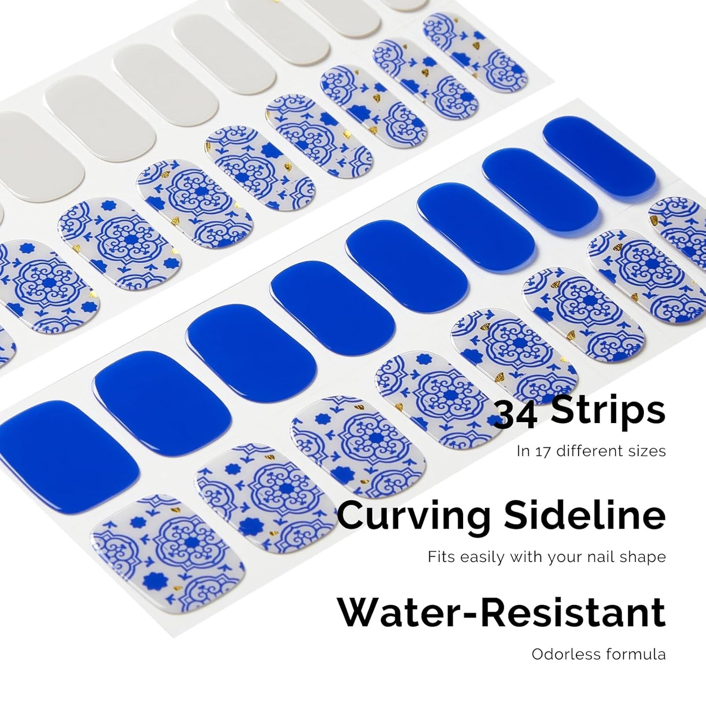 NAILOG Semi Cured Gel Strips - 34 Pcs Nail Stickers Buy 2 Get 1 UV Light | Long Lasting Wraps With Glossy Gel Finish Blue, Cerulean Porcelain