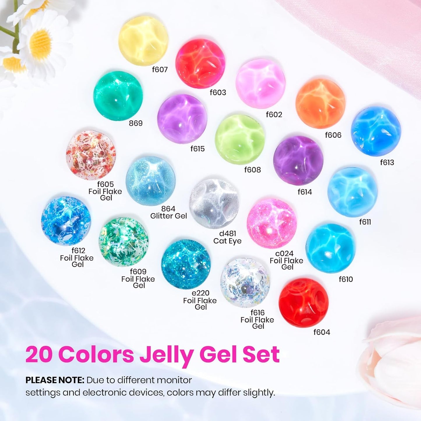 Beetles Jelly Gel Nail Polish Kit,20 Colors Neon Cat Eye Glitter Soak Off UV LED Gel Nail Kit Pink Orange Blue with Base Matte Top Coat for DIY Nail Art Sunbeam Jelly Gift for Women