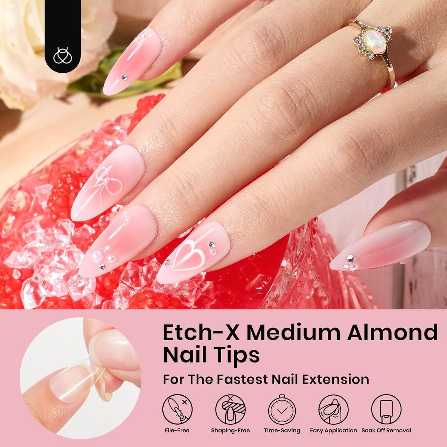 Beetles Gel Nail Tips Medium Almond Etch X Nail Tips, 12 Sizes 288 PCS Half Matte Full Cover False Nails Clear Acrylic Nails Glue on Nails DIY Gift for Women