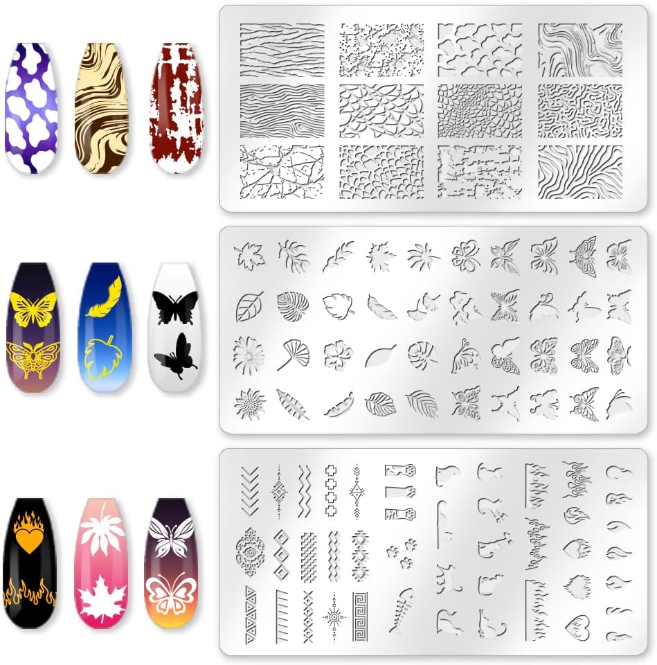 3Pcs Nail Stamping Plate Set Cat Butterfly Nail Stamping Templates French Line Tip Nail Plates Flames Leaves Stainless Steel DIY Reusable Tools with Stamper Scraper for Manicure Printing