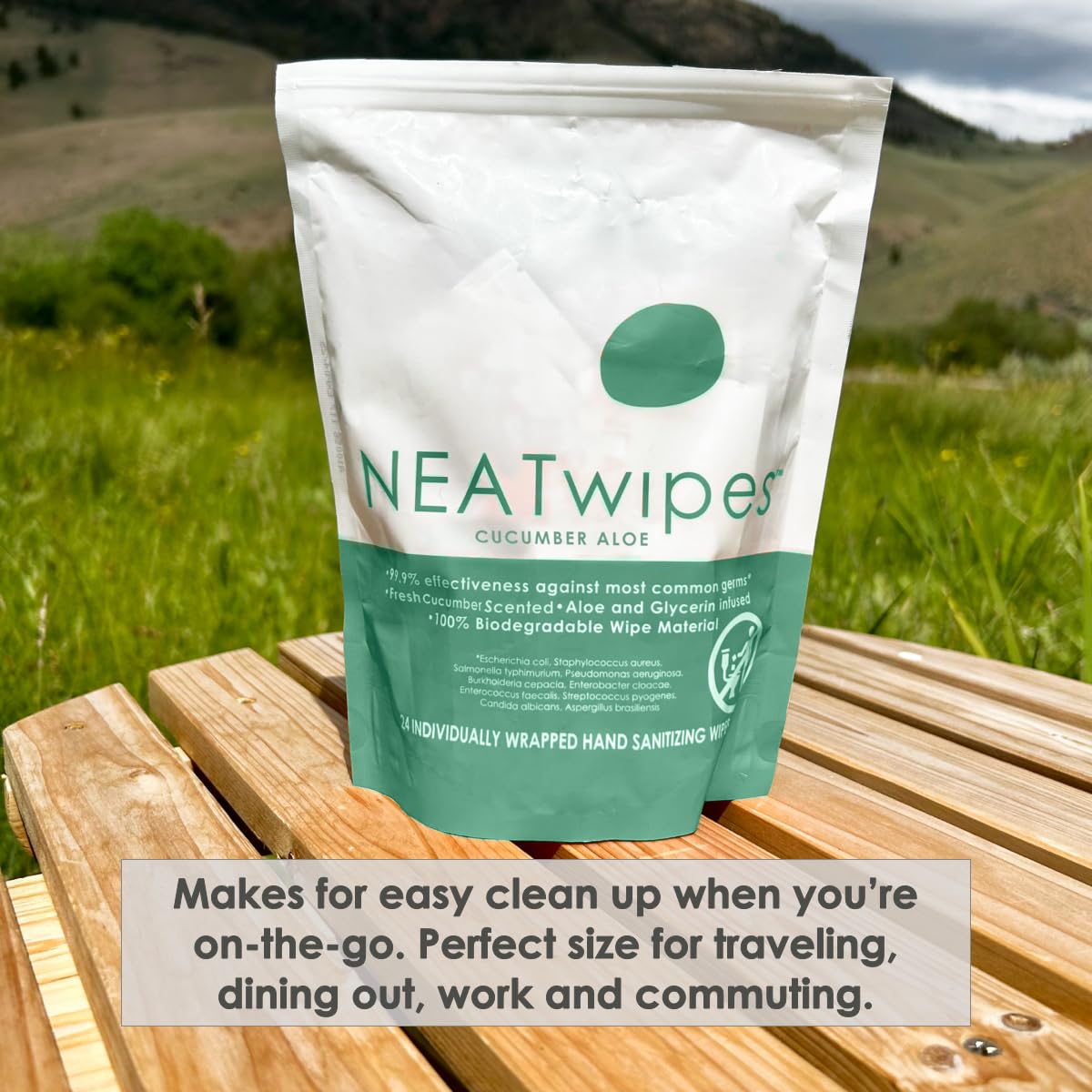 NEATwipes Hand Sanitizing Wipes | Travel Size | Disposable Wet Wipe & Biodegradable | Cucumber Aloe Essential Oil | Soothing Aloe & Glycerin | 24 Individually Wrapped Wipes