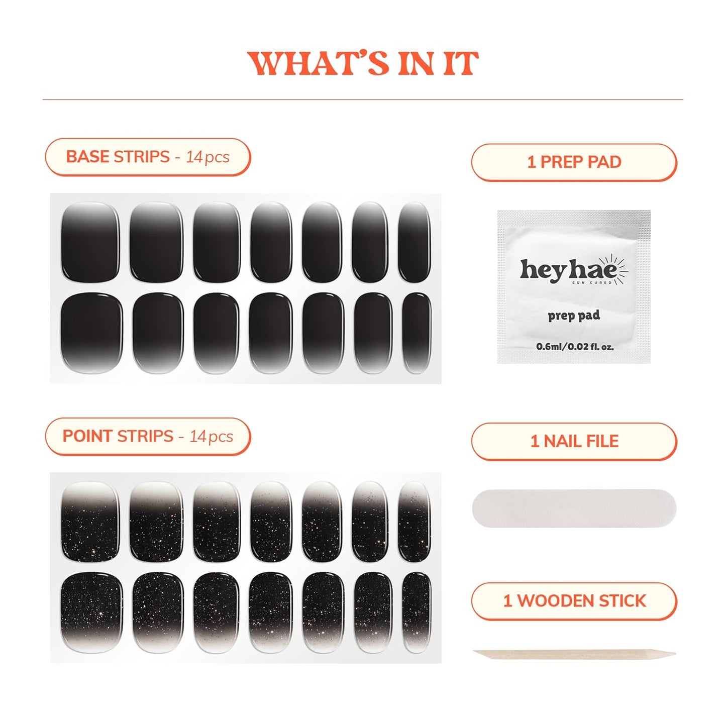 Semi Cured Gel Nail Strips | No LED Lamp Needed | Ombre, Black | Easy Apply & Remove, Salon Quality | Includes 28 Strips, 1 Prep Pads, Nail File & Wooden Stick - Hey, Text Me Back