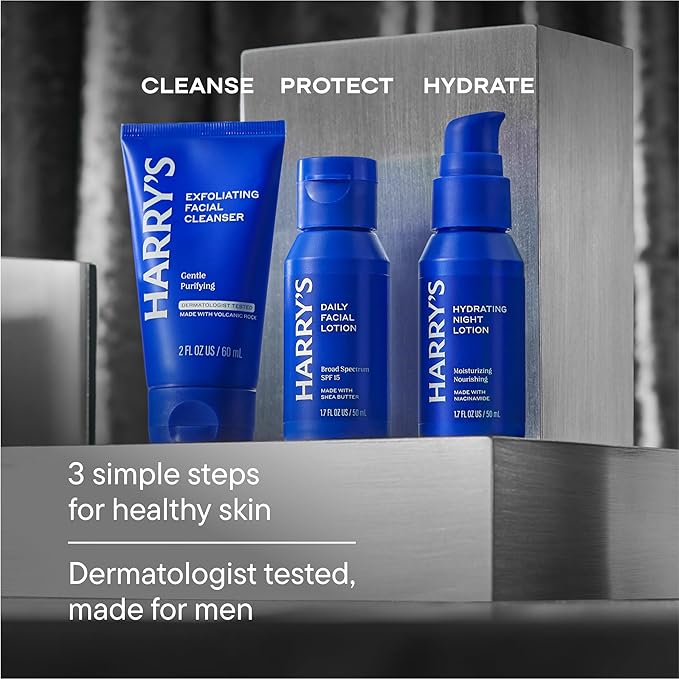 Harry's Limited Edition Holiday Gift Set for Men, Men's Skincare Essentials (2 oz Exfoliating Face Wash, Daily Face Lotion with SPF 15, Hydrating Night Lotion)